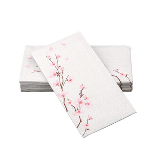 Image of SimuLinen Cherry Blossom design guest towels. White guest towels with cherry blossom branches and flowers.