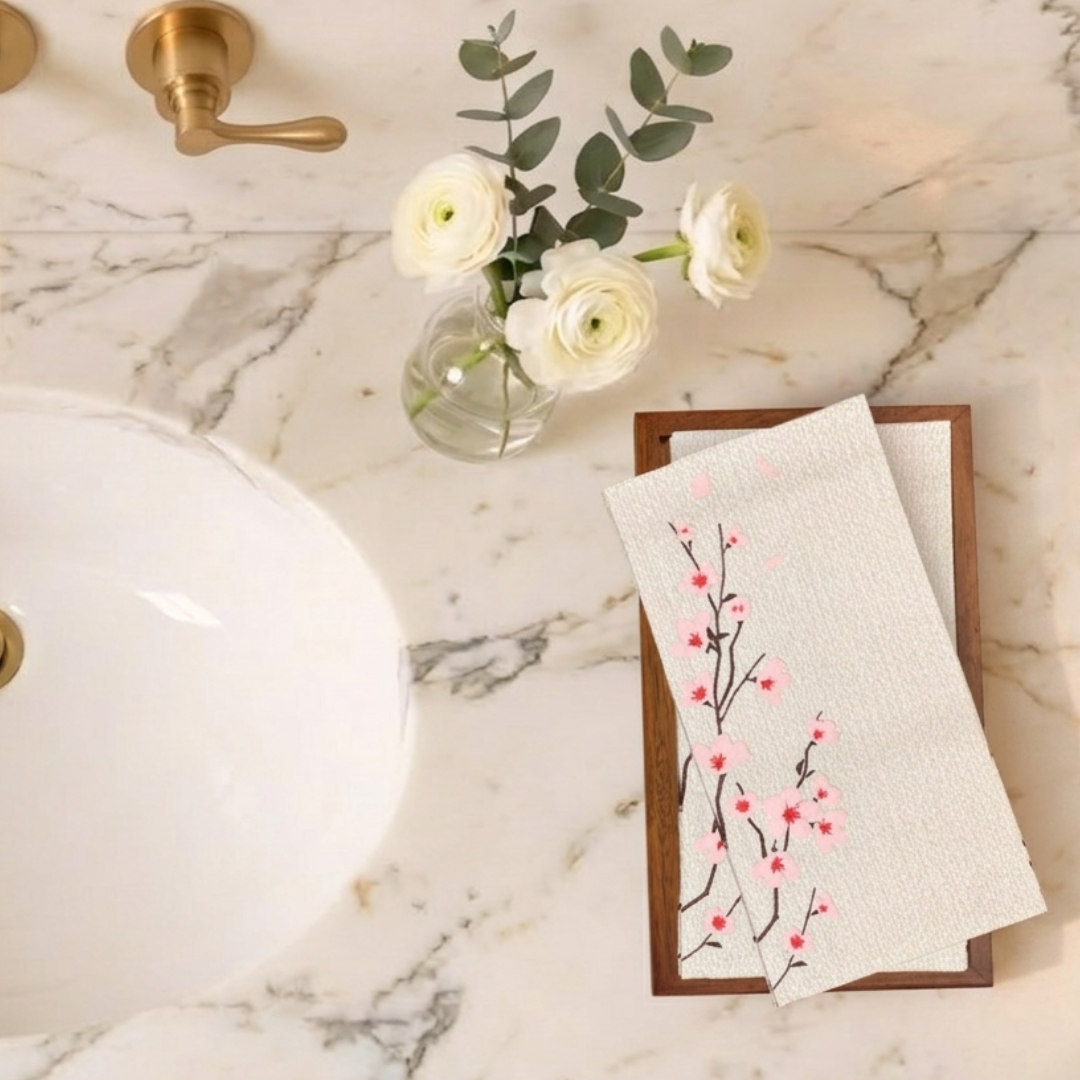 Towel with floral design on a marble countertop with flowers and a faucet.