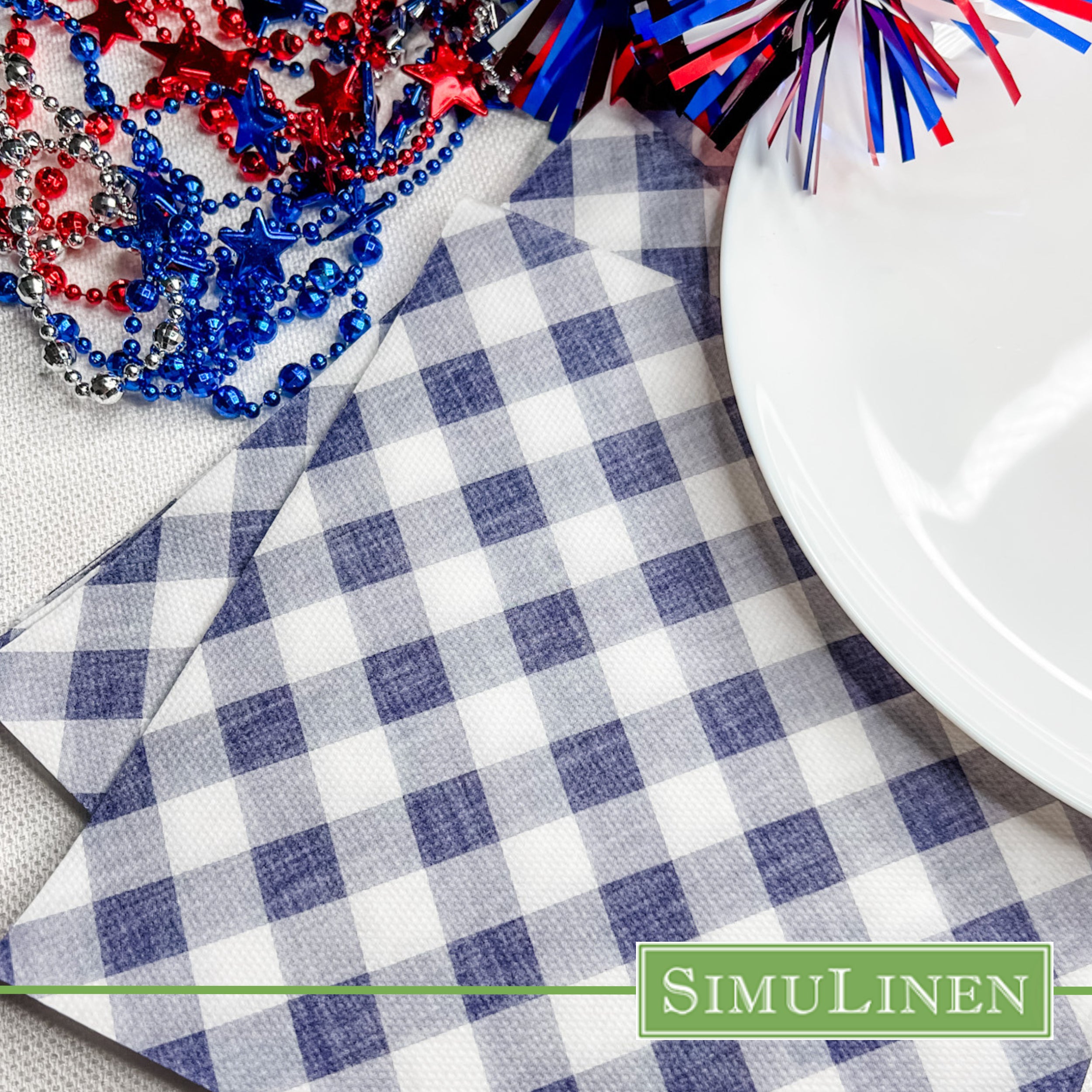 Blue gingham SimuLinen classicpoint dinner napkins with patriotic table setting