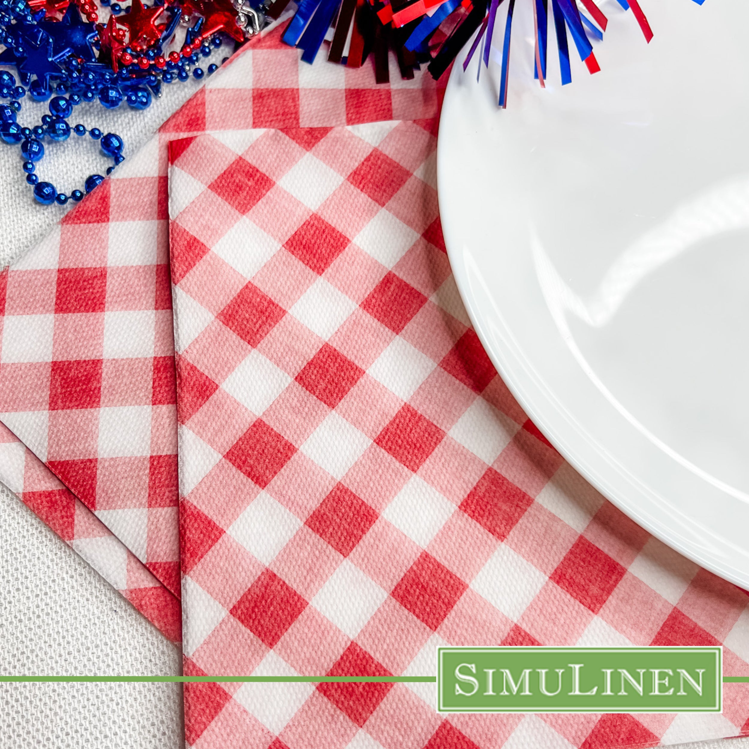 Red gingham SimuLinen classicpoint dinner napkins with patriotic table setting
