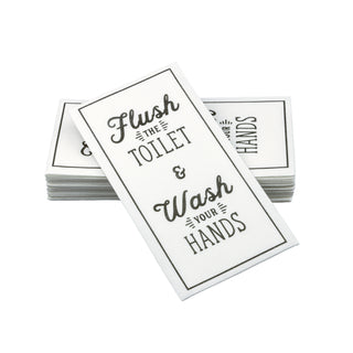 SimuLinen Wash Your Hands guest towels. These are a white guest towel, with a quote the says "Flush the Toilet & Wash Your Hands" on it.