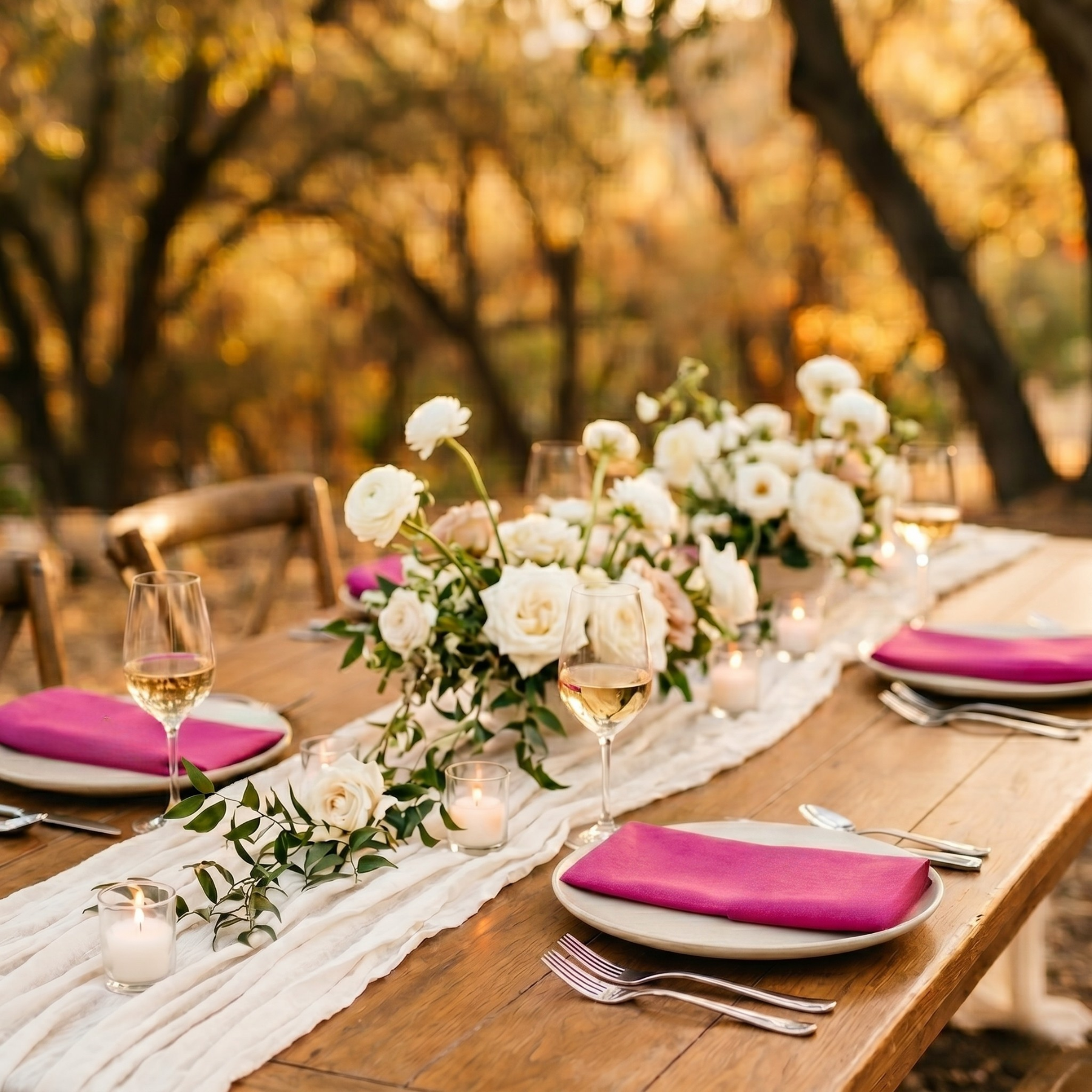 Elegant outdoor table setting with white flowers, pink napkins, and candles on a wooden table.