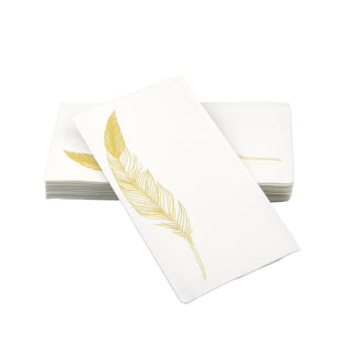 Image of SimuLinen Gold Feather Design guest towels. This is a white disposable guest towel with a gold feather design aligned to the left of the guest towel.