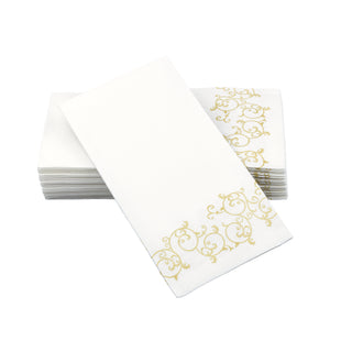 Image of SimuLinen Gold Floral guest towels on a white background. These guest towels are white with a gold floral design along the bottom.