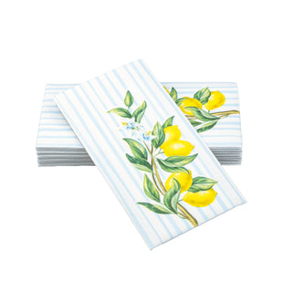Image of SimuLinen Signature Lemons guest towels. These guest towels are white with several vertical blue stripes down the front of the napkin, with a lemon tree branch centered in the middle of the guest towel.