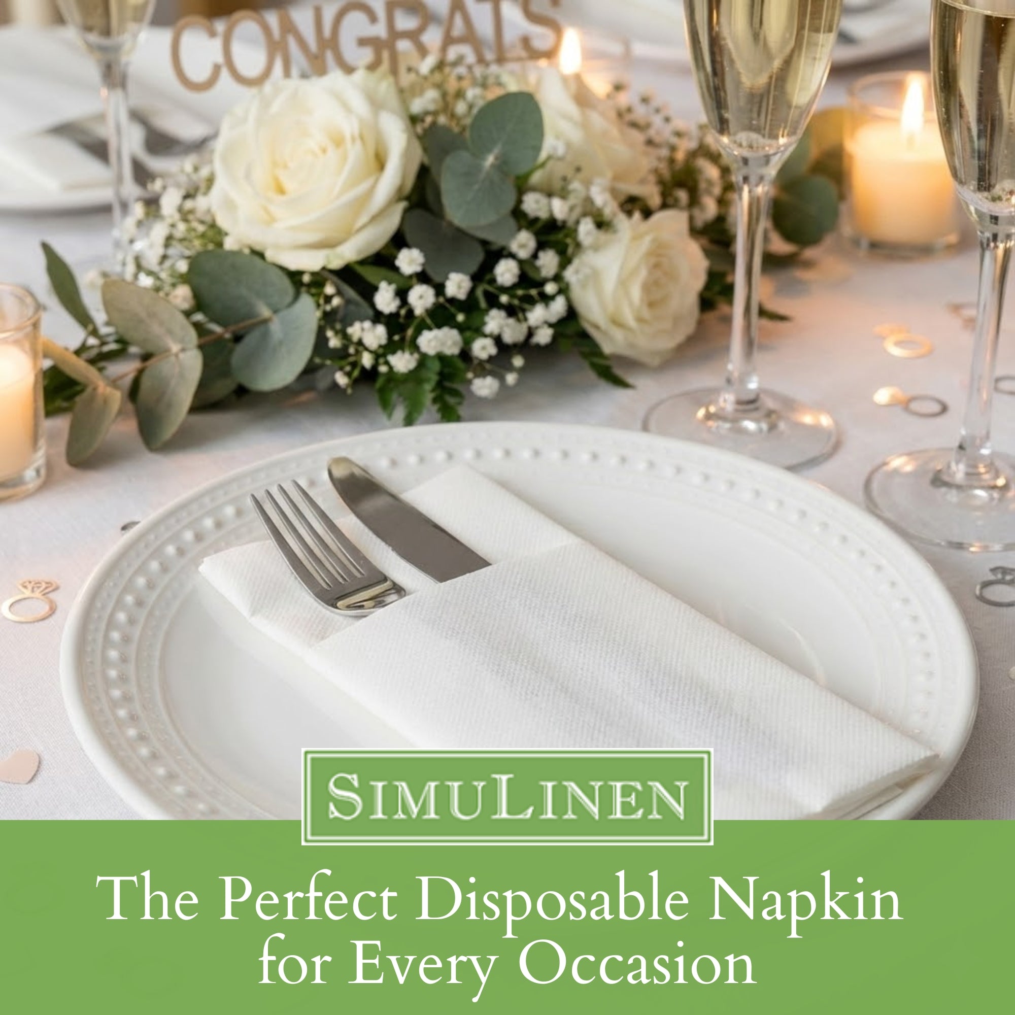 White pocket SimuLinen dinner napkin on fancy white plate for wedding setting