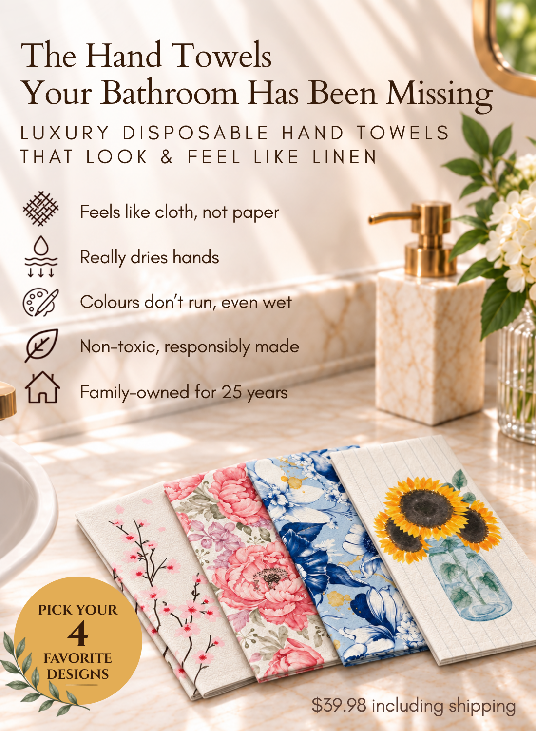 Luxury Disposable Hand Towels ~ Choose Any 4 Designs ~ 25 Each ~ 100 Total ~ Never Wash a Hand Towel Again