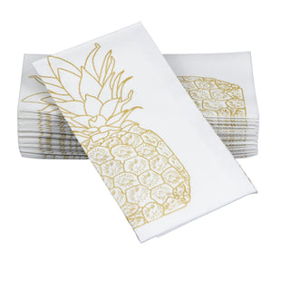 Image of SimuLinen Gold Pineapple guest towels. These are white disposable guest towels with an elegant gold pineapple design on the front.