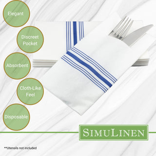 17″X17″ SimuLinen Premium Cloth-like Dinner Napkin with BLUE BISTRO STRIPE & Discreet Pocket