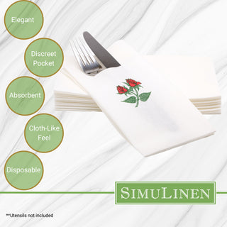 17″X17″ SimuLinen Premium Cloth-like Dinner Napkin with Rose Design & Discreet Pocket