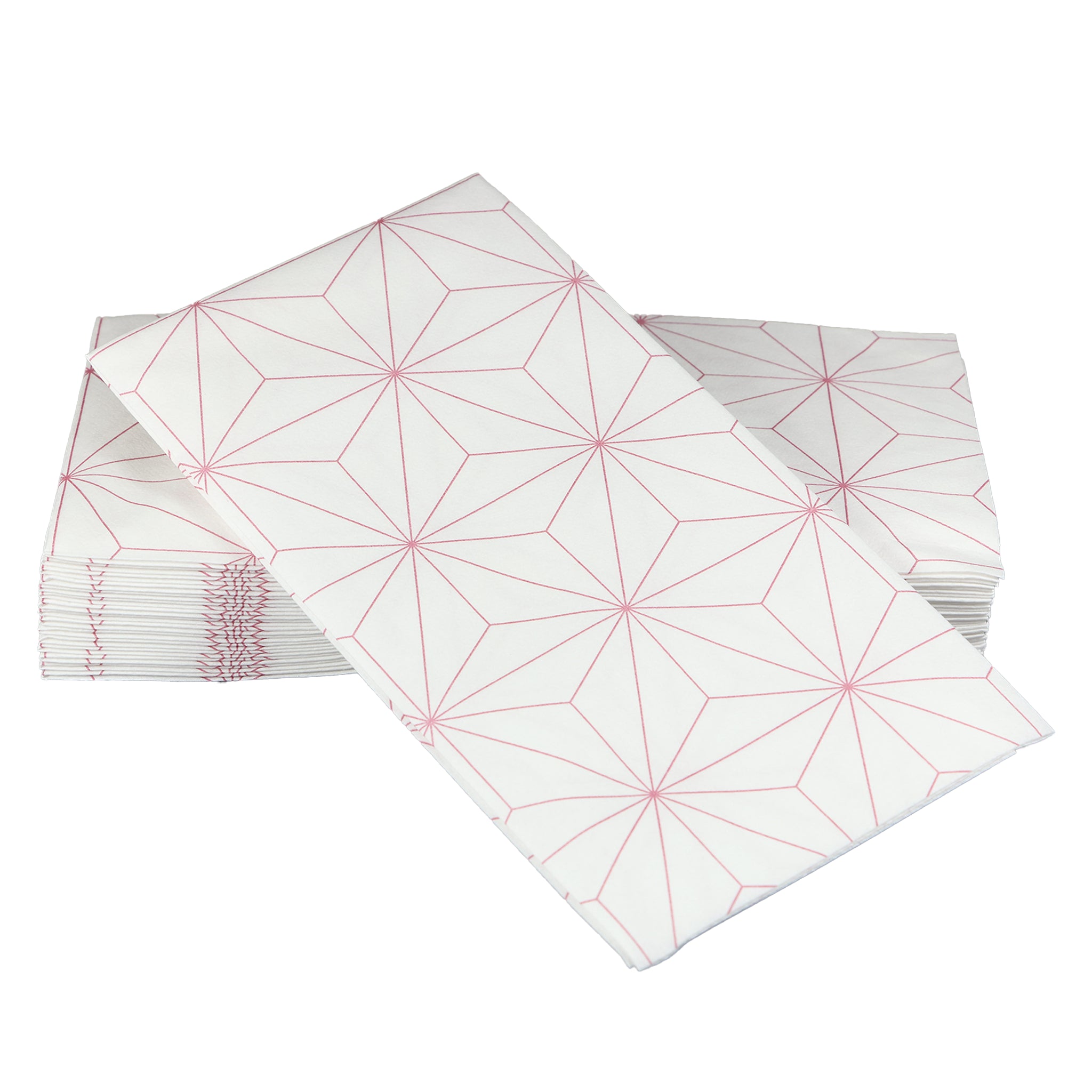 Image of SimuLinen rose gold geometric design guest towels. These disposable guest towels are white, with a rose-gold colored geometric design.