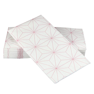 Image of SimuLinen rose gold geometric design guest towels. These disposable guest towels are white, with a rose-gold colored geometric design.