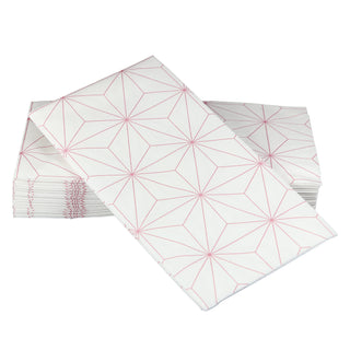 Image of SimuLinen rose gold geometric design guest towels. These disposable guest towels are white, with a rose-gold colored geometric design.