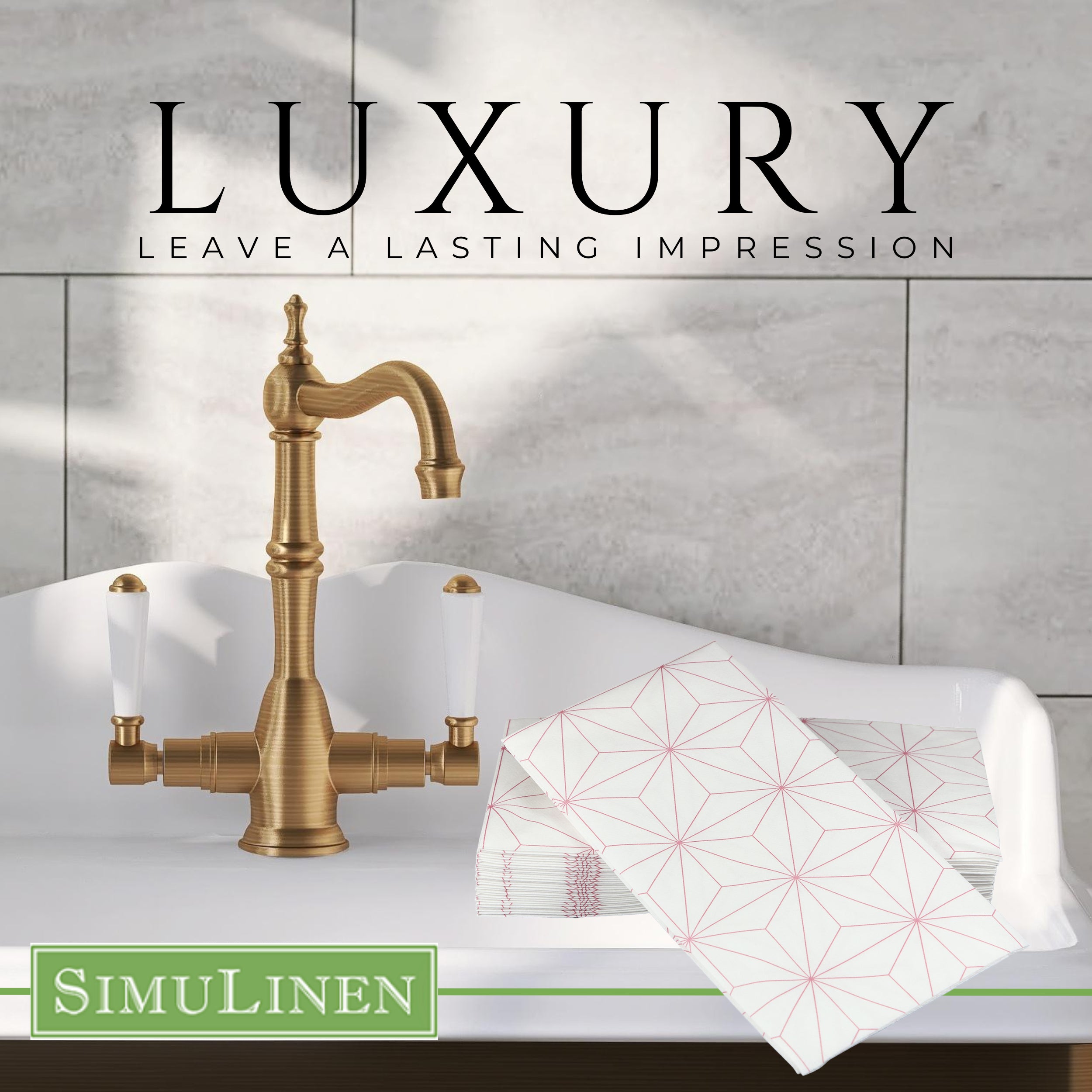 Rose gold geometric design SimuLinen guest hand towels with bathroom sink background