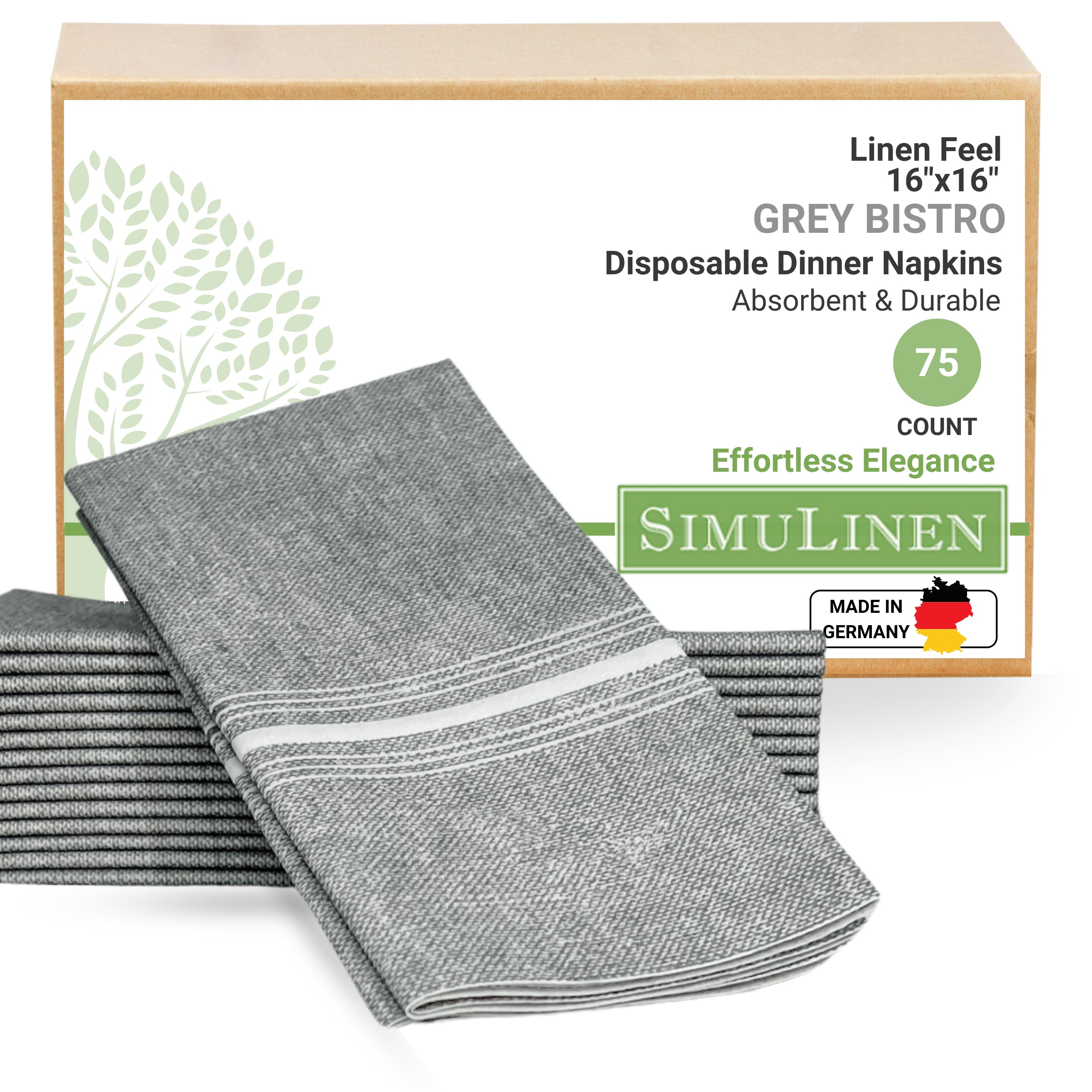 Grey and white bistro stripe SimuLinen dinner napkin with product box background