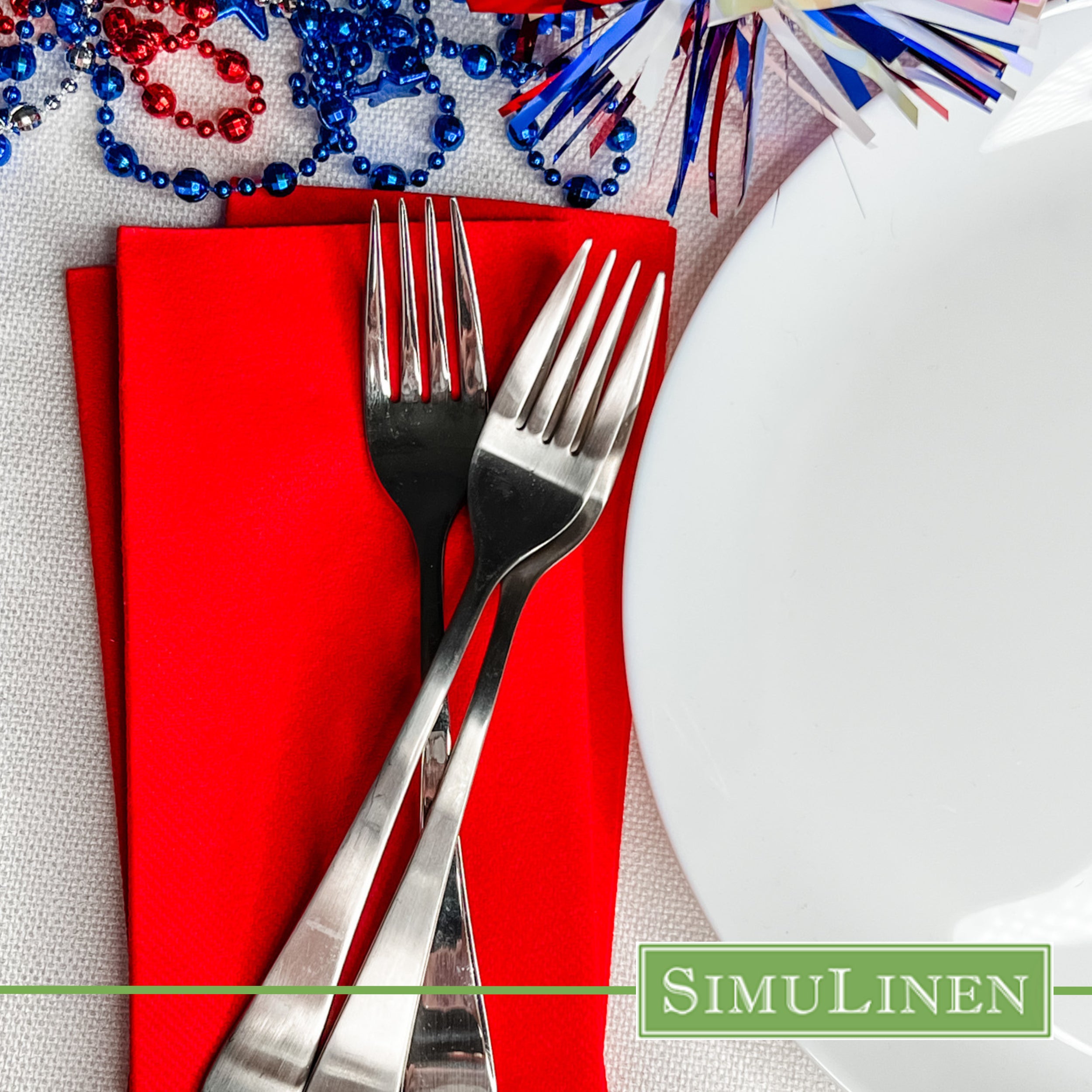 Red SimuLinen dinner napkins with patriotic table setting