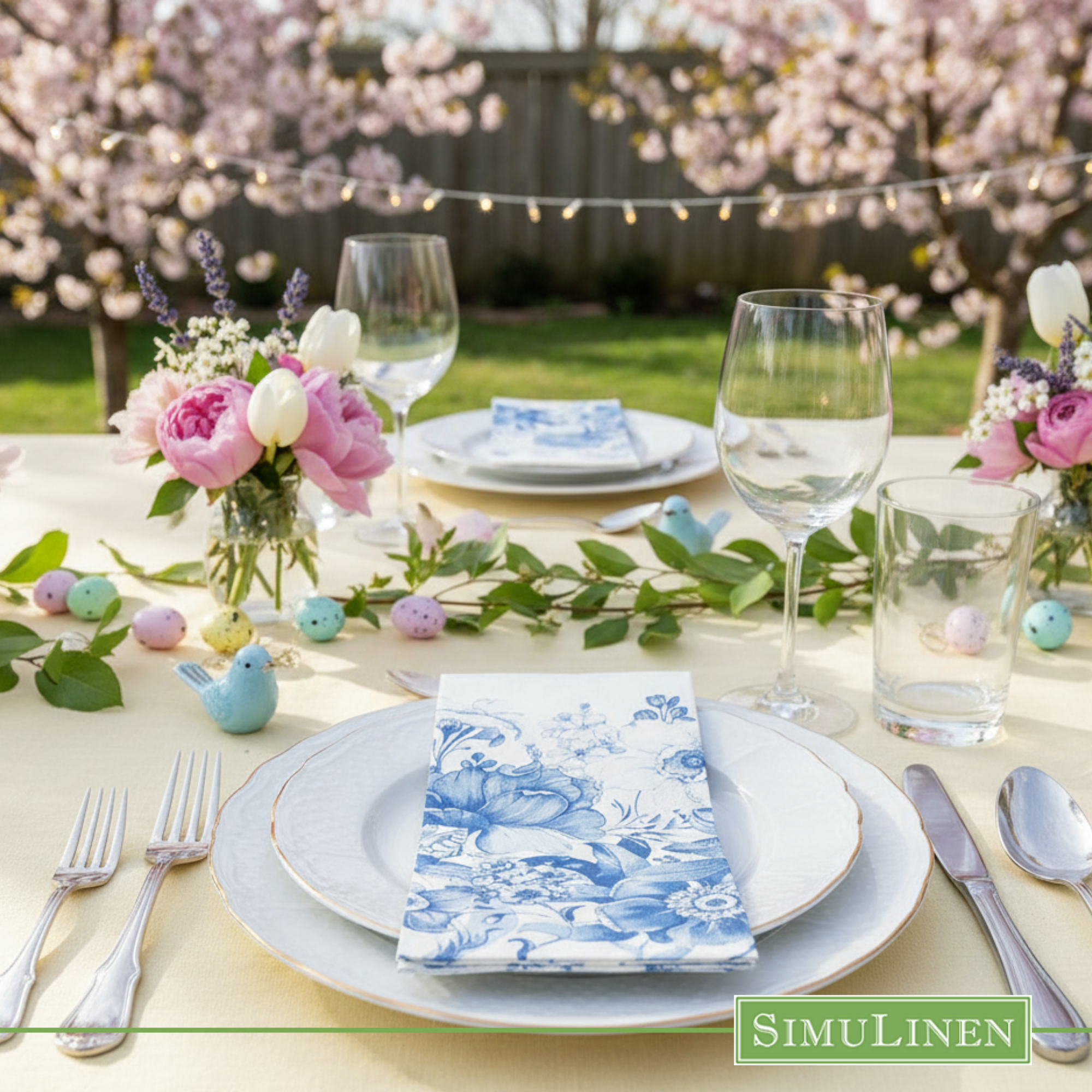 Blue floral garden SimuLinen dinner napkin with festive Easter table setting