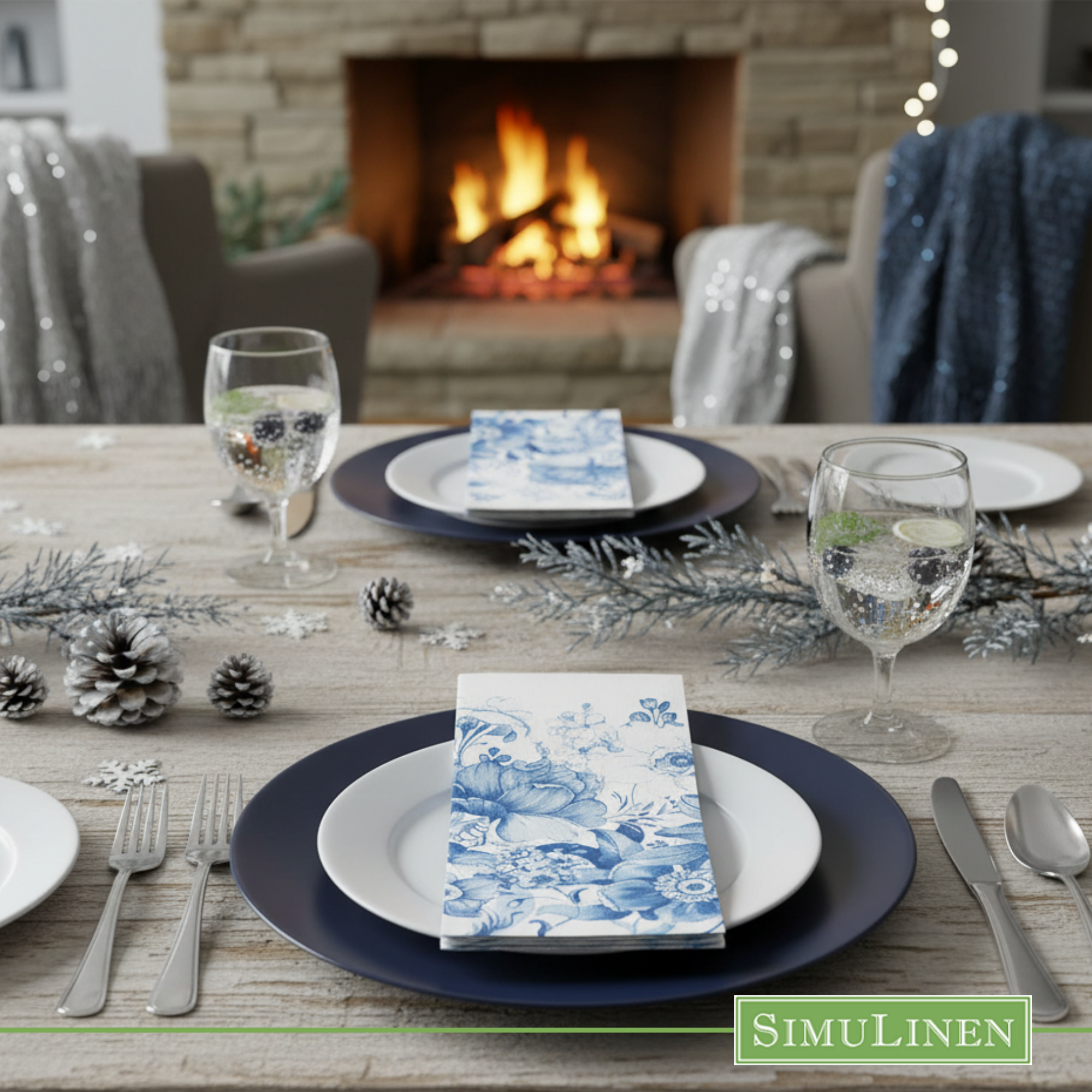 Blue floral garden SimuLinen dinner napkin on white and blue plate on a winter table setting