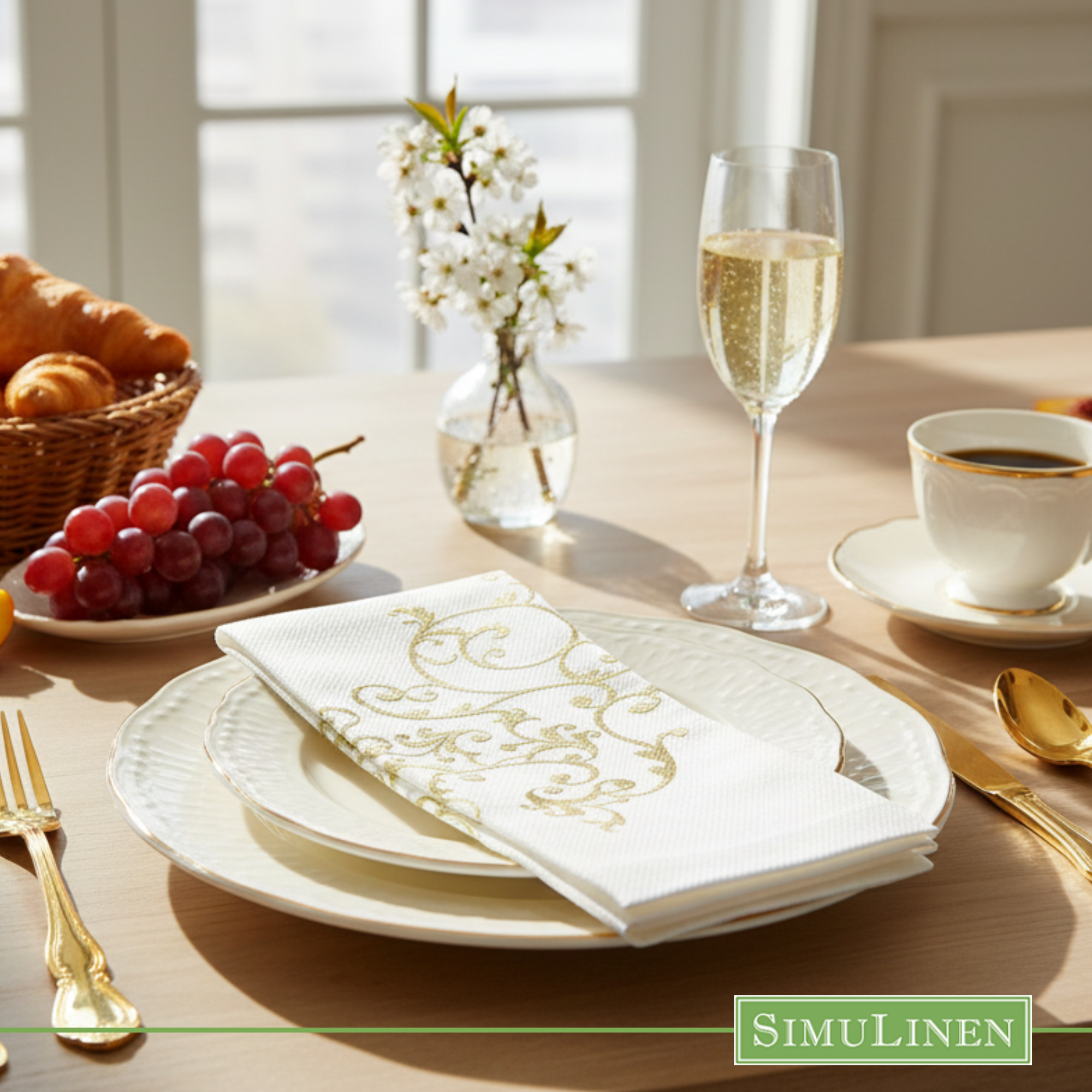 Gold floral SimuLinen dinner napkin with elegant table setting