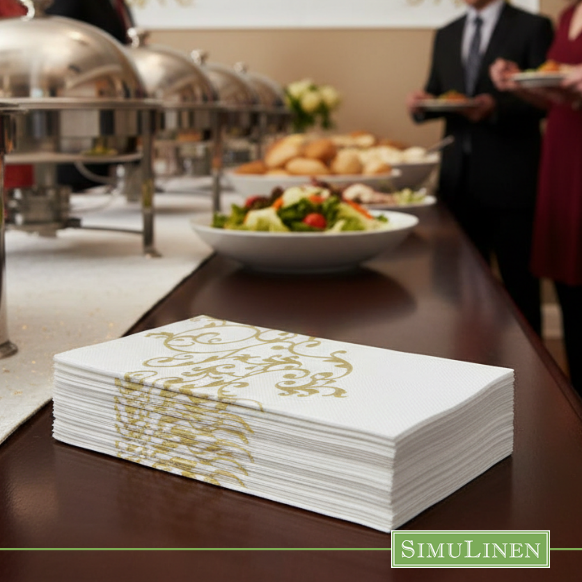 Gold floral SimuLinen dinner napkin with buffet table
