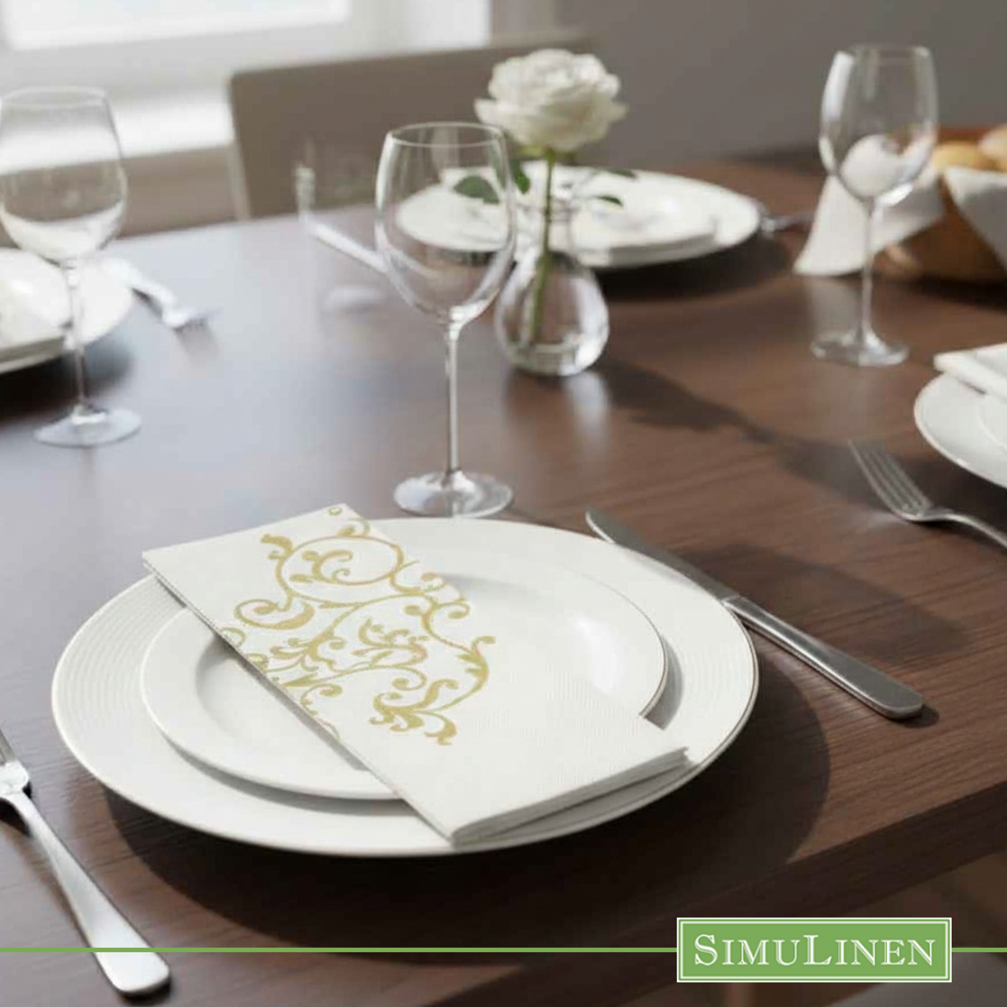 Gold floral SimuLinen dinner napkin with dining room table setting