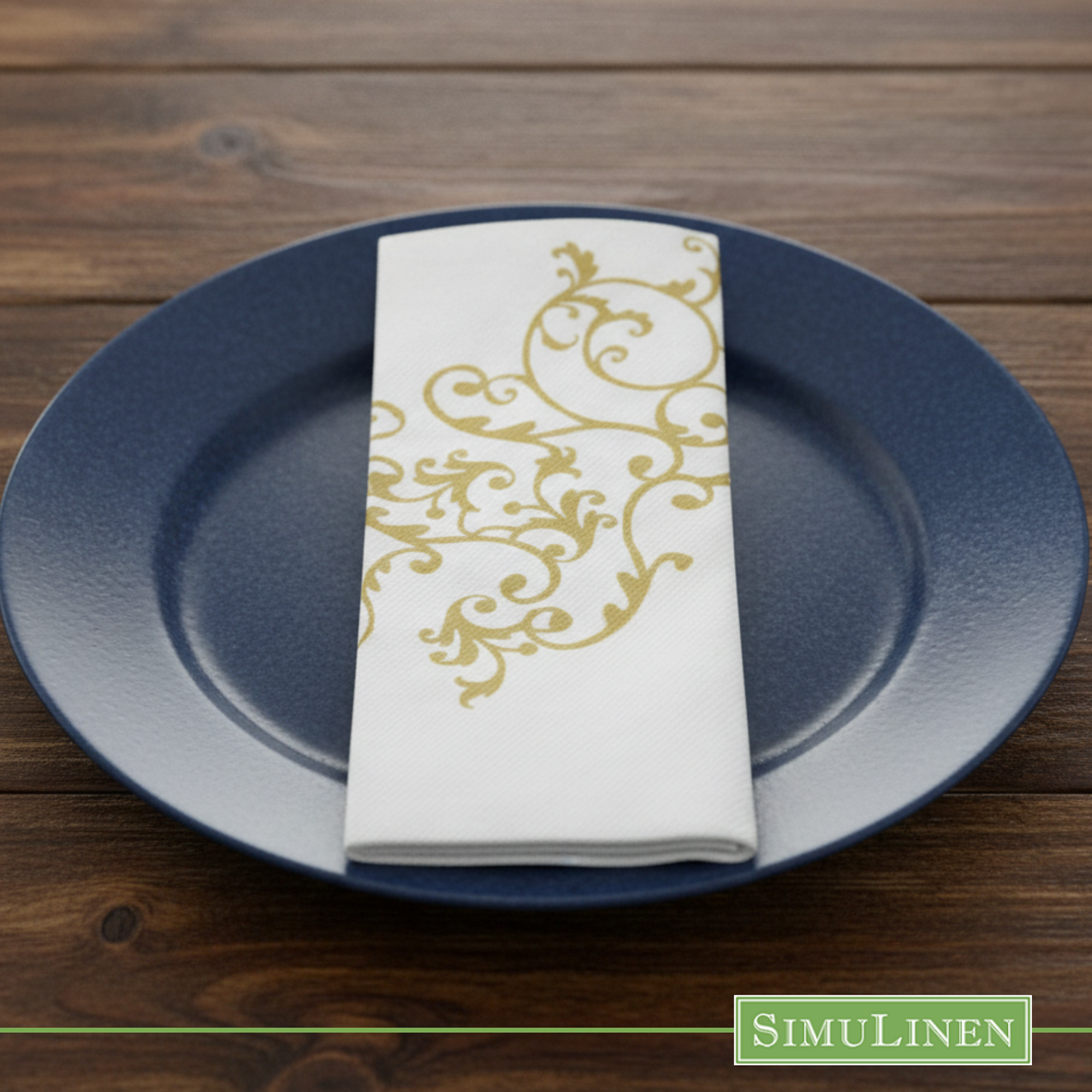 Gold floral SimuLinen dinner napkin on blue dinner plate