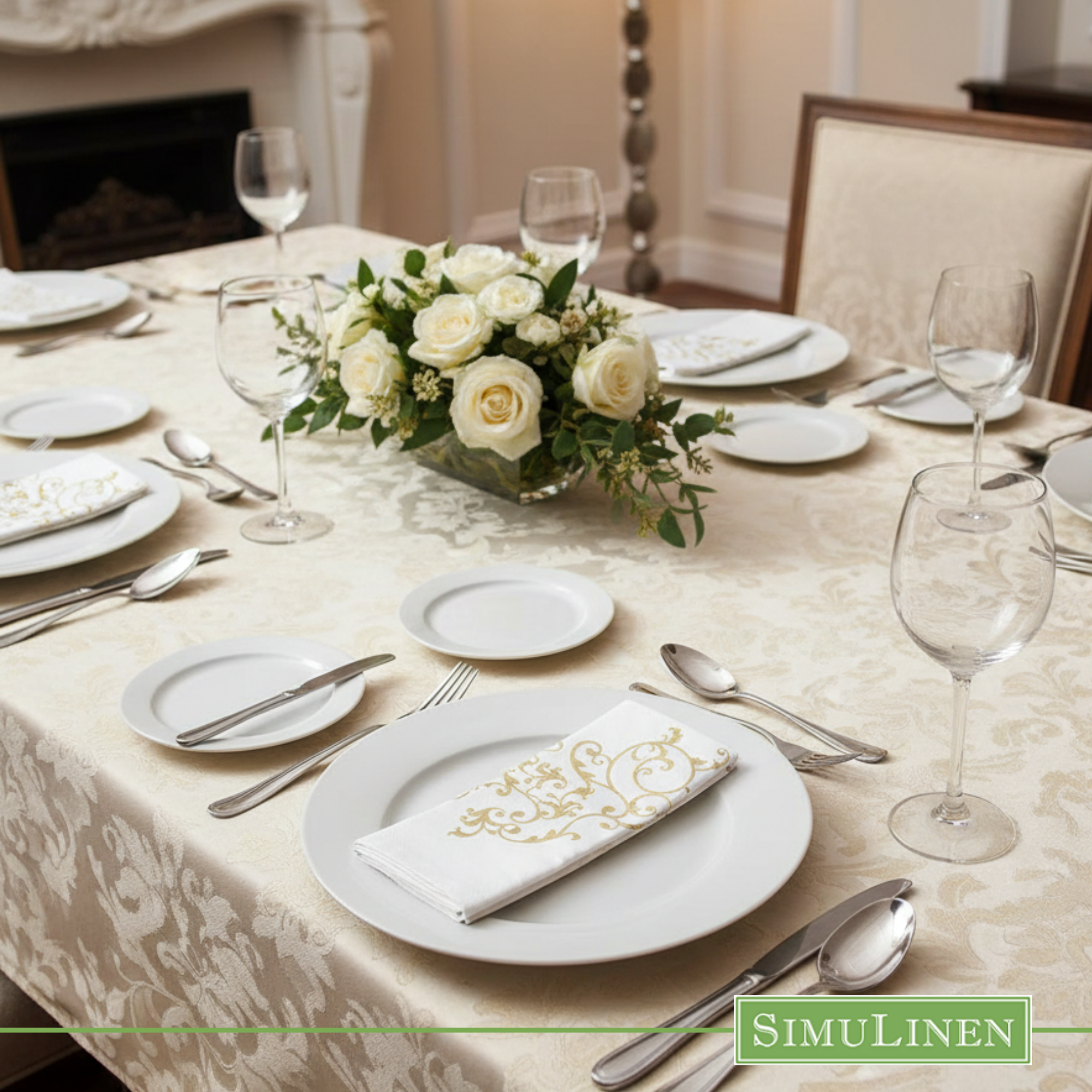 Gold floral SimuLinen dinner napkin at elegant table setting