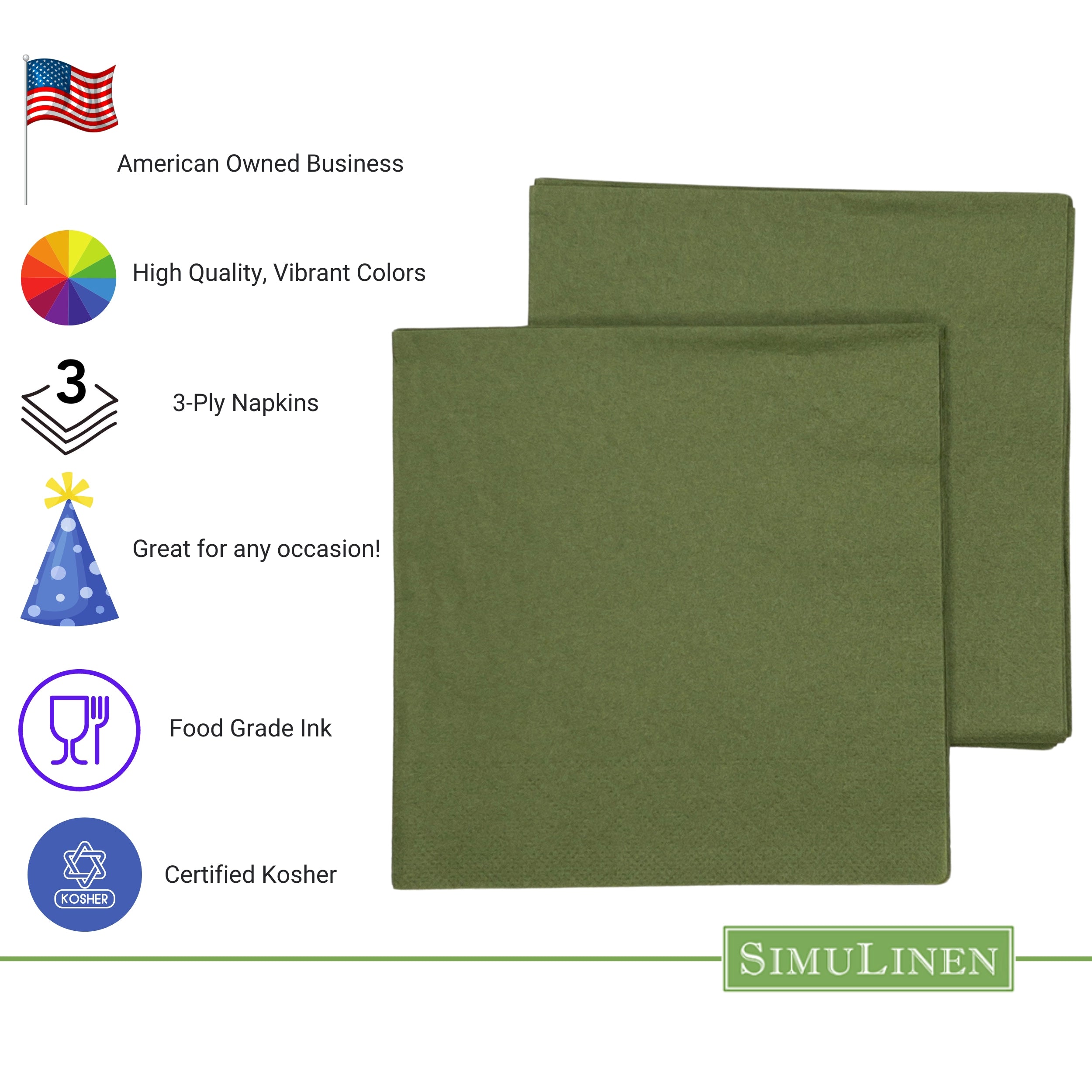 OLIVE GREEN Simplicity Disposable Napkins — Premium 3-Ply 13x13"