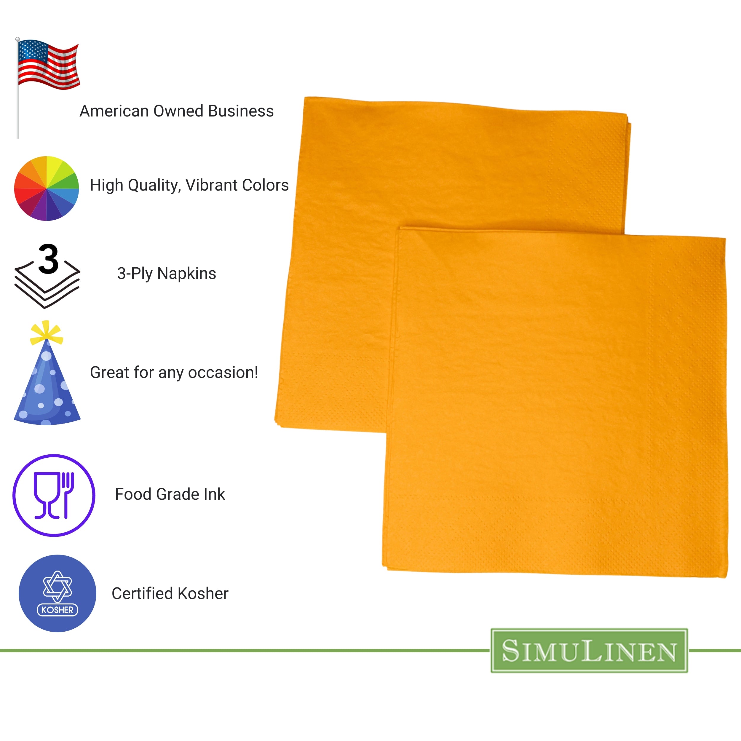 SUNSHINE ORANGE Simplicity Disposable Napkins — Premium 3-Ply 13x13"