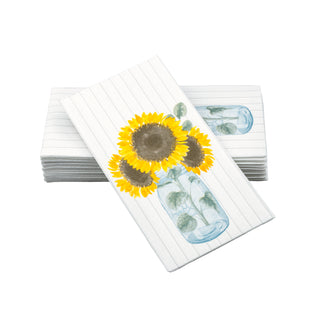Image of SimuLinen Shiplap and Sunflowers design guest towels. These are a white guest towel with thin vertical stripes across the napkin, with a mason jar with 3 sunflowers in it.