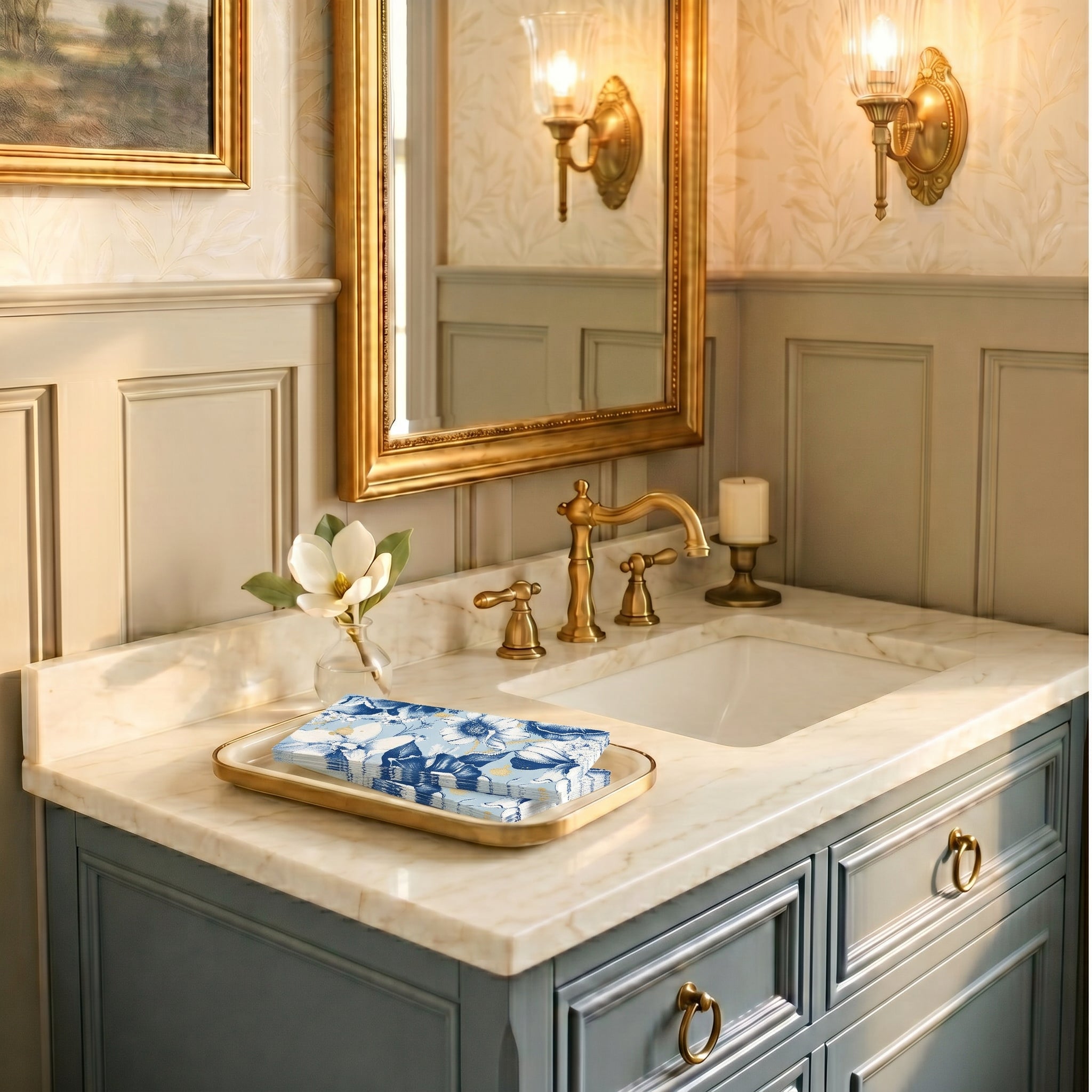 Luxurious bathroom vanity with marble countertop, gold fixtures, blue floral hand towels, and decorative elements.