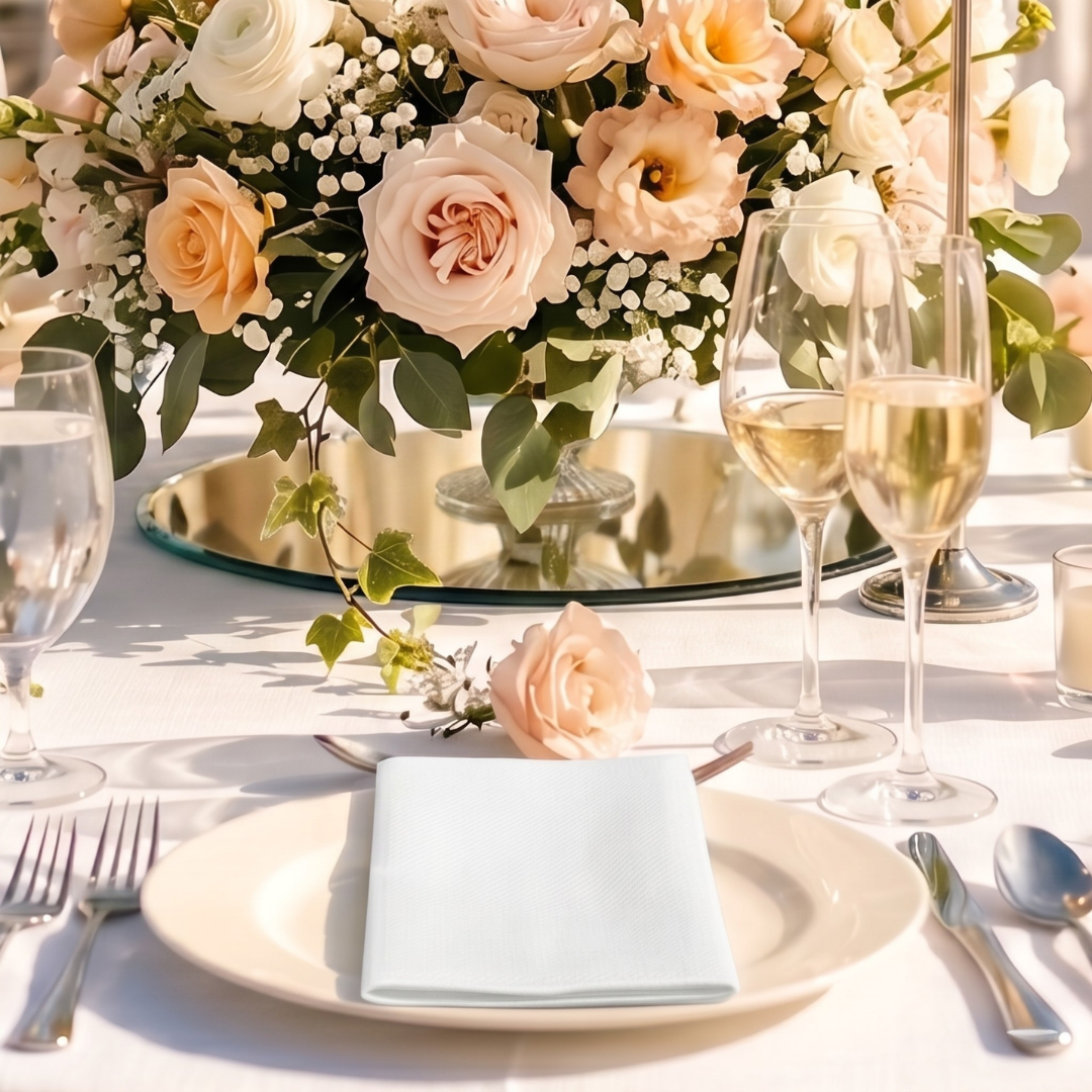 Elegant table setting with flowers, glasses, and cutlery on a white tablecloth. White napkin on plate.