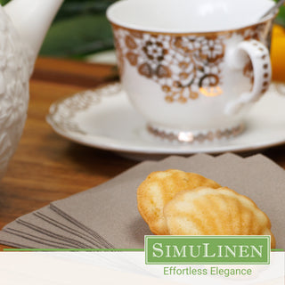 SimuLinen beige grey napkins with a fancy tea cup in the background.