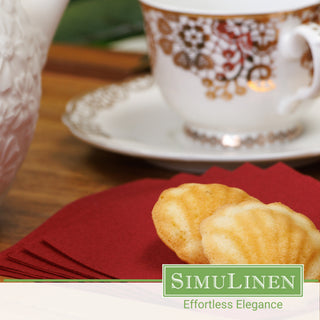 Burgundy beverage napkins with a fancy tea cup.
