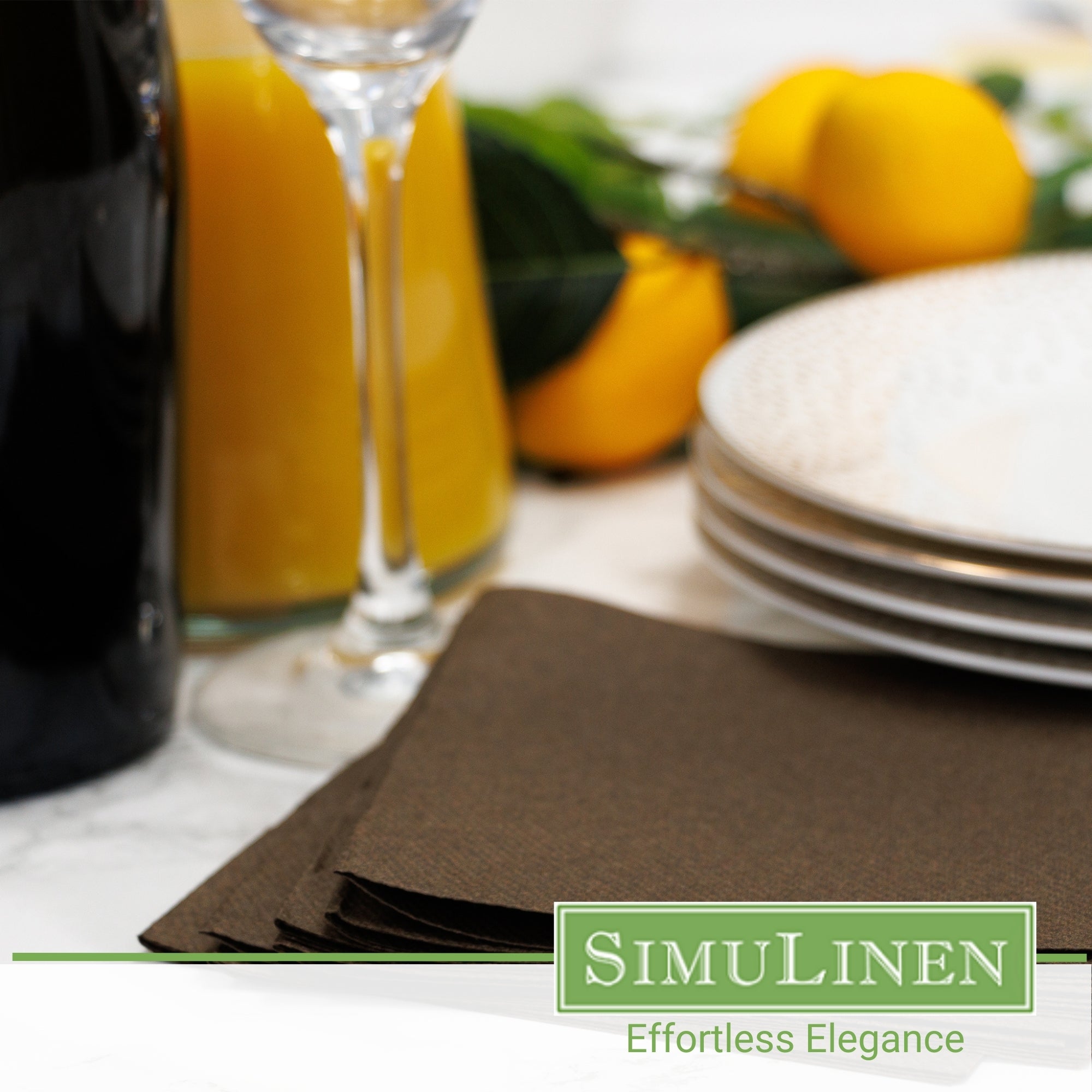 SimuLinen chocolate brown cocktail napkins in a dinner setting.