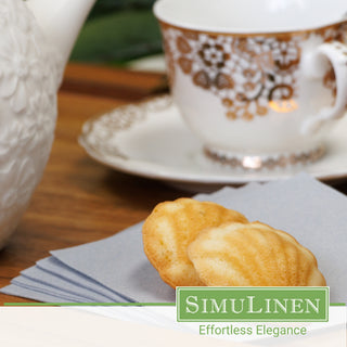 SimuLinen rich grey beverage napkins with a fancy tea cup.