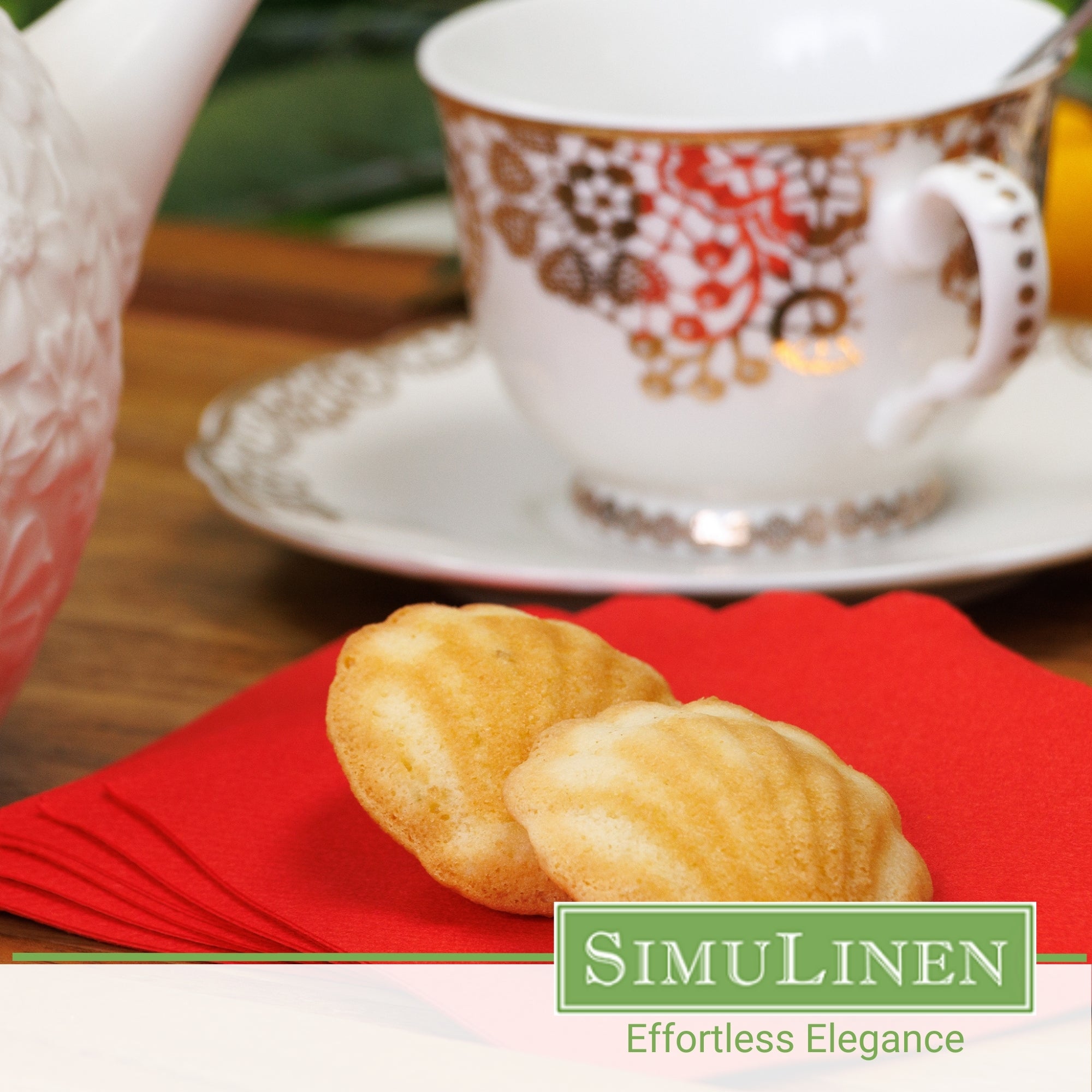 SimuLinen red beverage napkins with a fancy tea cup.