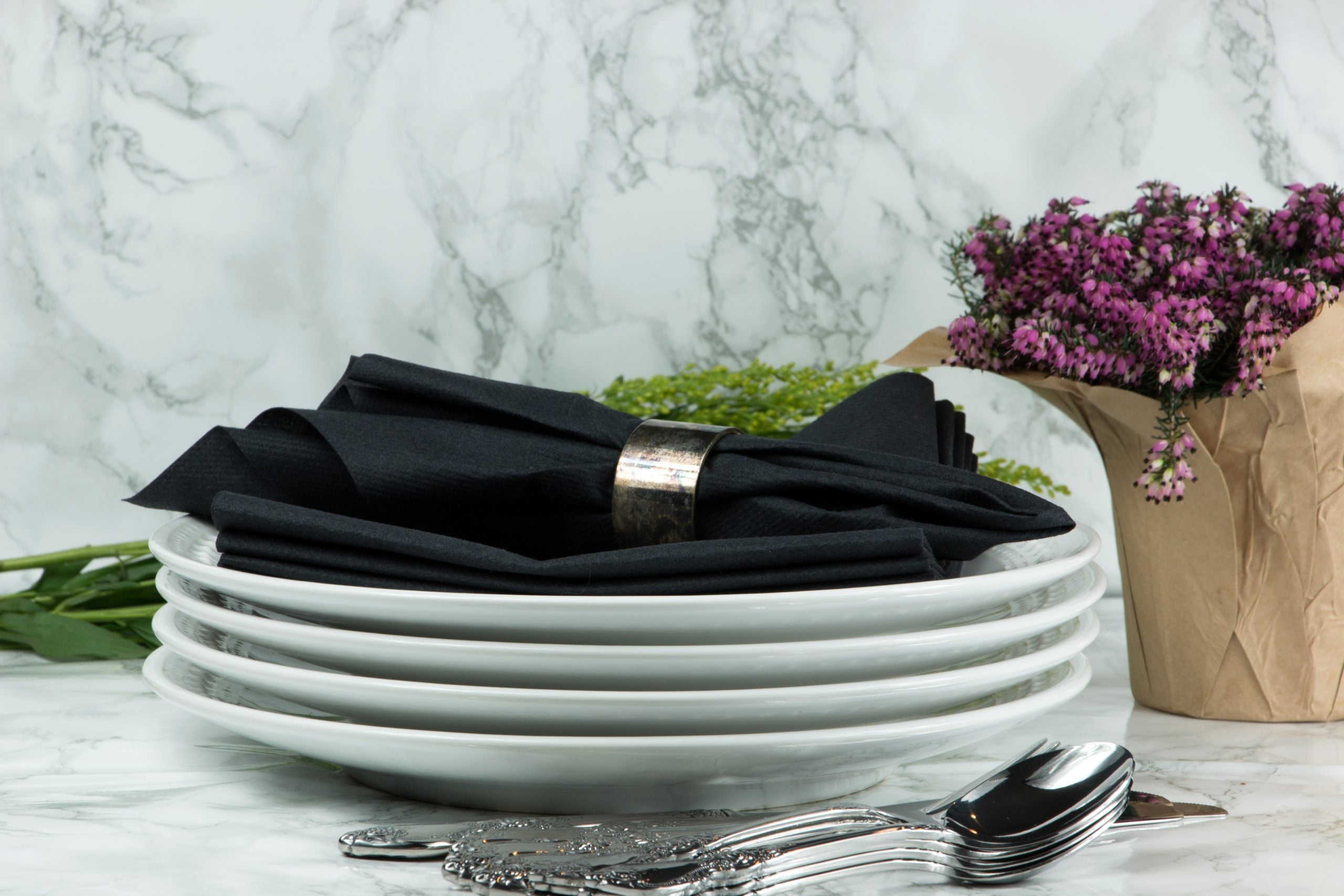 UnFolded Black Dinner Napkins on Plates