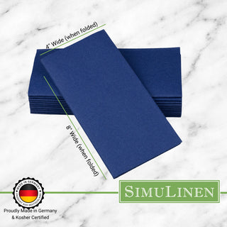 Signature color cloth-like napkins on a marble background. The napkins are made in Germany & Kosher certified. They measure 4" wide by 8" long.