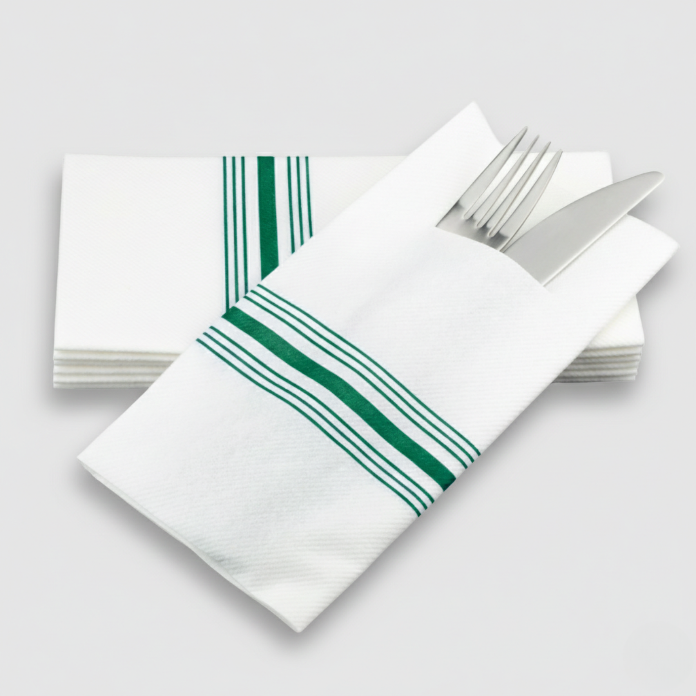 Green bistro stripe pocket SimuLinen dinner napkin with fork and knife