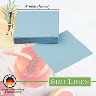 SimuLinen beverage napkins are Proudly made in Germany & Kosher certified. When folded, they measure 5" long by 5" wide.