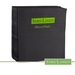 SimuLinen solid black ClassicPoint napkins in their shrink-wrapped packaging.
