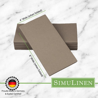 Durable, cloth-like napkins on a marble background. The napkins are made in Germany & Kosher certified. They measure 4" wide by 8" long.
