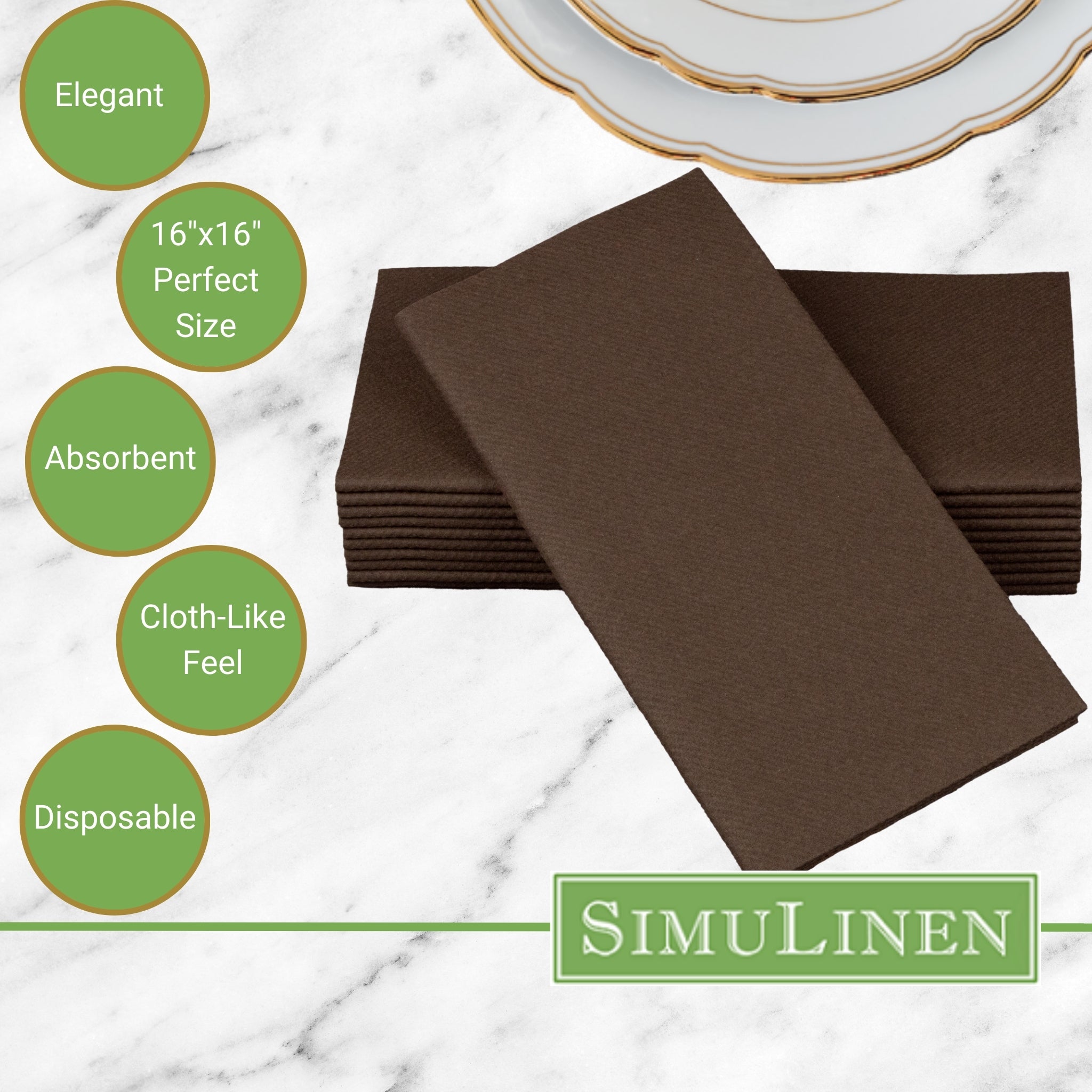 Signature Color Disposable Dinner Napkin Bullet Points. Elegant. 16"x16" - Perfect size. Absorbent. Cloth-Like feel. Disposable.