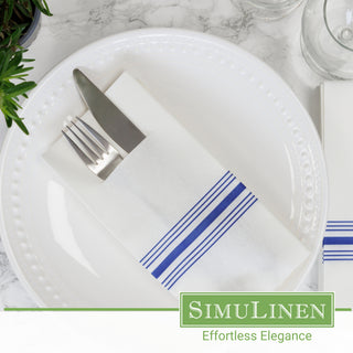 SimuLinen Blue Bistro Stripe pocket luxury paper napkins on a dinner plate, with a fork and knife in the pocket.