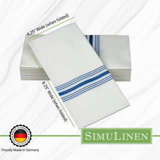 SimuLinen pocket napkins are proudly Made in Germany and Kosher certified. When folded, they measure 4.25" by 8.25".