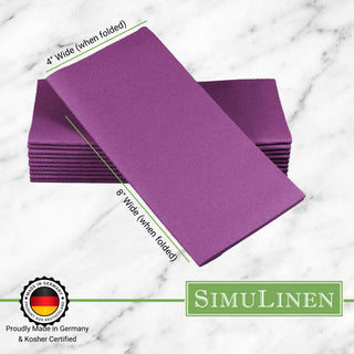 Amethyst Purple cloth-like napkins on a marble background. The napkins are made in Germany & Kosher certified. They measure 4" wide by 8" long.