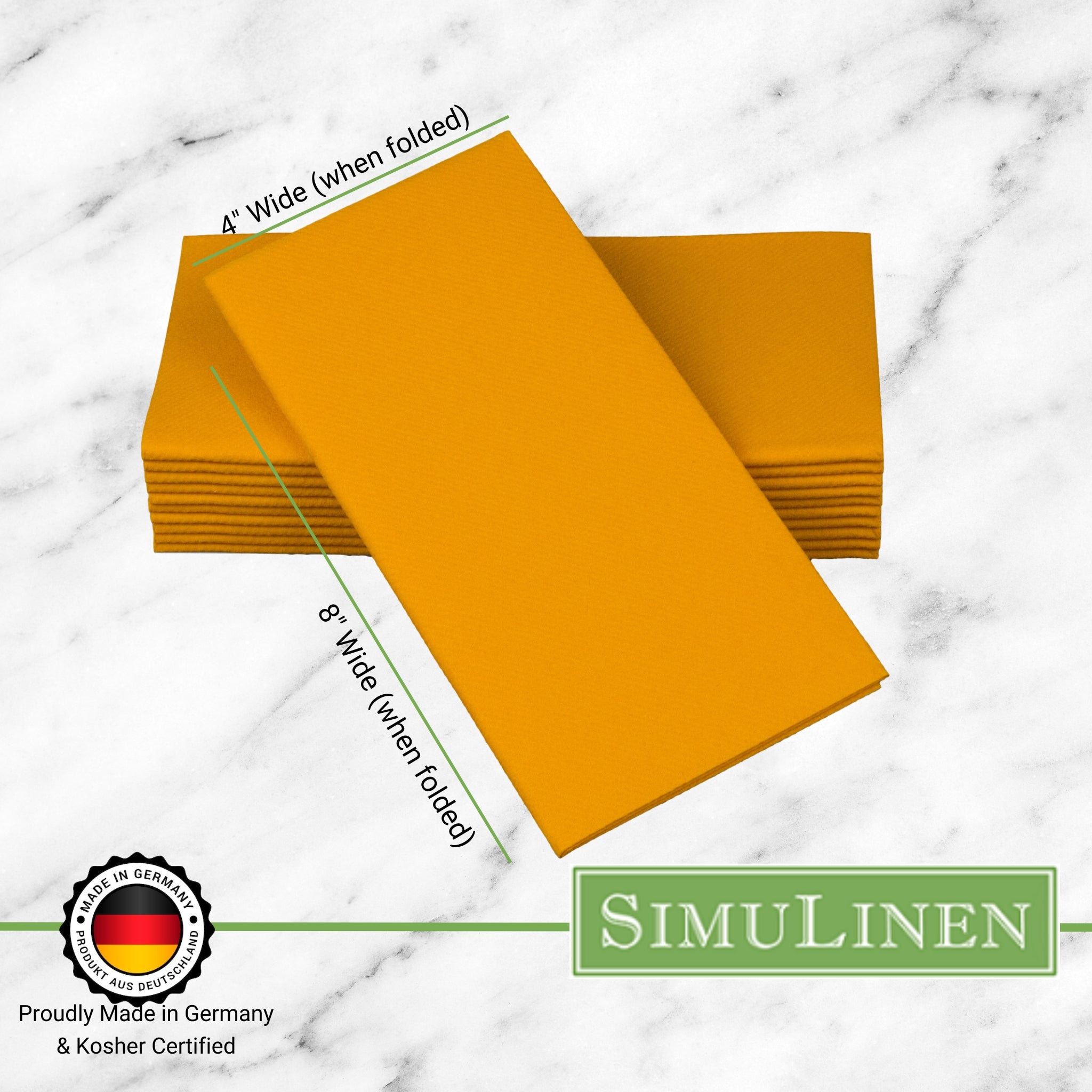Signature color cloth-like napkins on a marble background. The napkins are made in Germany & Kosher certified. They measure 4" wide by 8" long.