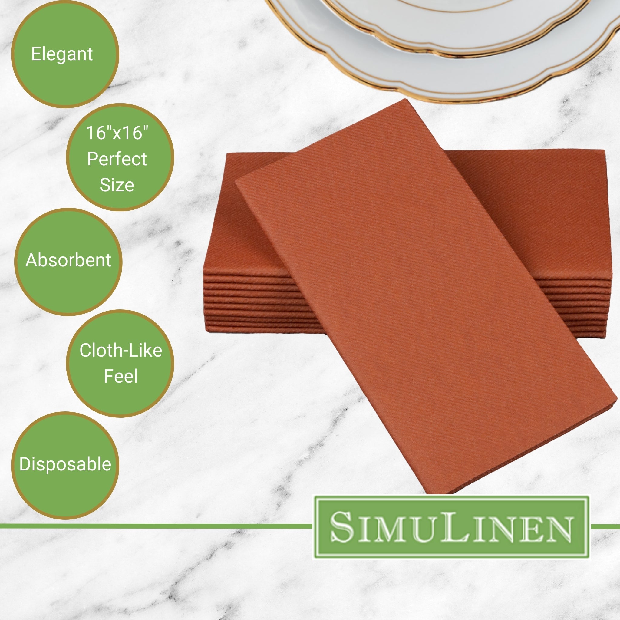 Signature Color Disposable Dinner Napkin Bullet Points. Elegant. 16"x16" - Perfect size. Absorbent. Cloth-Like feel. Disposable.