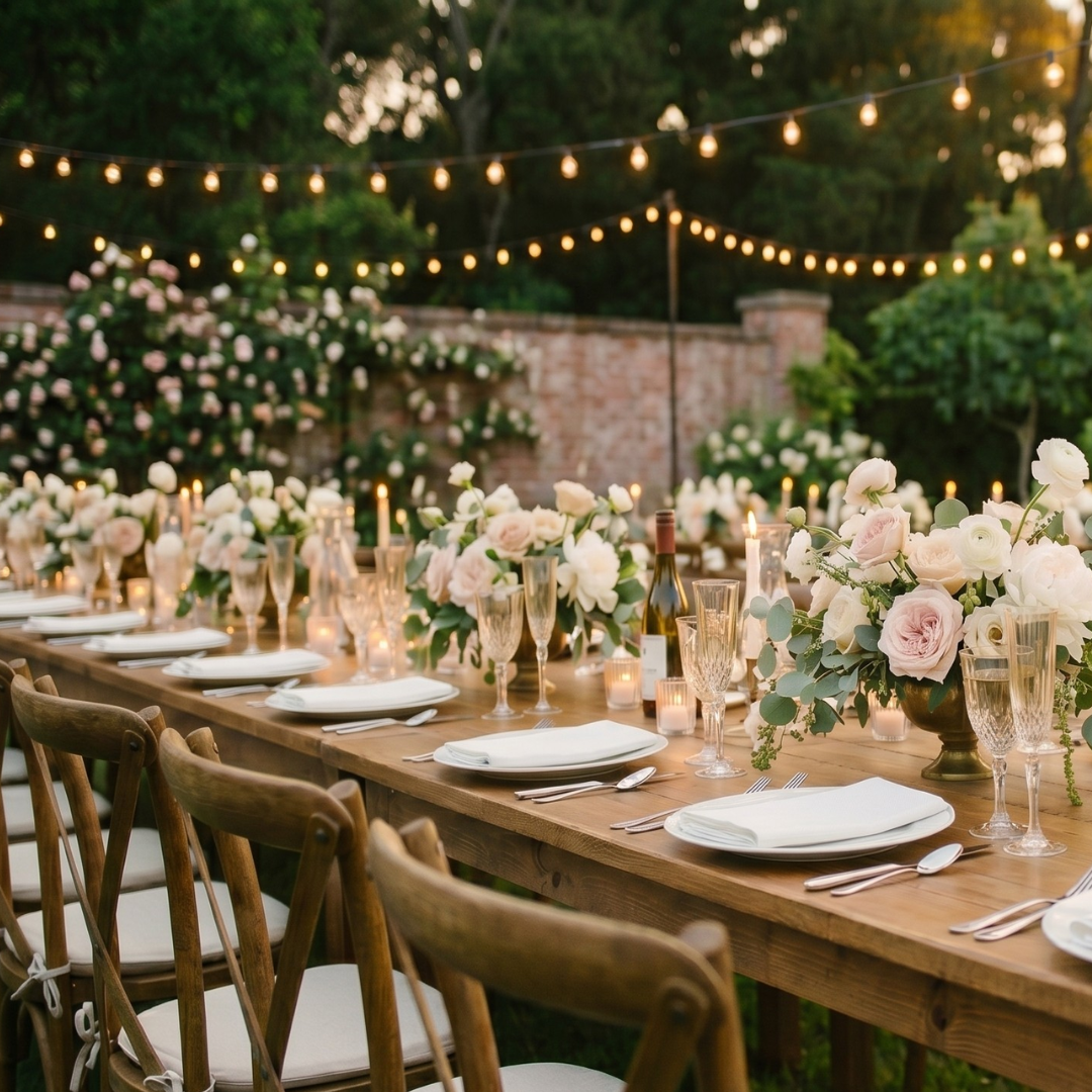 Elegant outdoor wedding reception with string lights, floral arrangements, and wooden tables, with white napkins